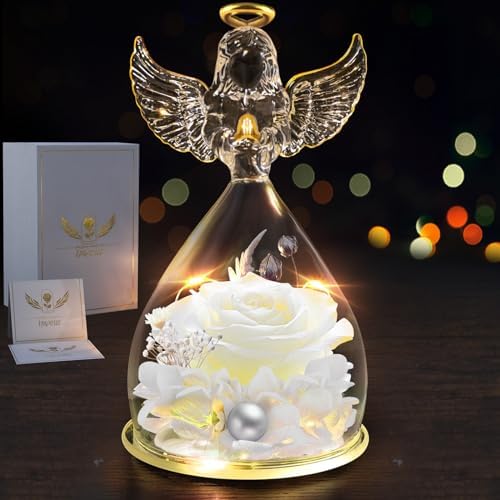 Angel Gifts for Women, Preserved Rose Flower in Glass Angel Figurines with LED Light, Mother’s Day and Christmas Thanksgiving, Valentine’s Day, Birthday Gifts for Grandma, Mom, Wife