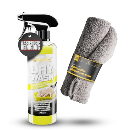 ShinyChiefs DRY WASH - WATERLESS WASH & WAX - 2in1 Auto Lackreiniger und Autowachs - Auto Reinigungsmittel & Sprühwachs, entfernt Verschmutzungen ohne Wasser, leichter Duft, 500ml & Microfasertuch