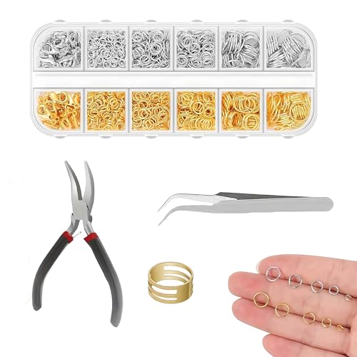 1200 Pezzi Anellini per Bigiotteria Con Strumento，Gioielli Chiusure per Aragosta,Chiusura Braccialetti,Anelli Aperti,Pinza per Depilare Escatola per Fai Da Te Collane Bracciali (Argento E Oro)