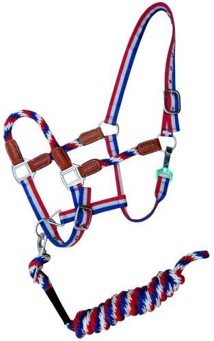 Showman Red, White and Blue Nylon Halter with Leather Accents with 8' Lead