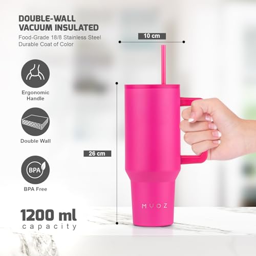 Image of MYOZ 1200ML Stainless Steel Insulated Tumbler Water Mug with Lid, 2 Straws Hot & Cold Iced Coffee Cup, Double Wall Leak-Proof Cupholder for Gym, Travelling Spill-Proof Bottle (Fuchsia Pink)
