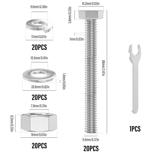 Image of 20PCS 3 /8-16 x 3-1 /2 inch 304 Stainless Steel Fully Threaded Bolt with Nut Flat & Lock Washers and Spanner