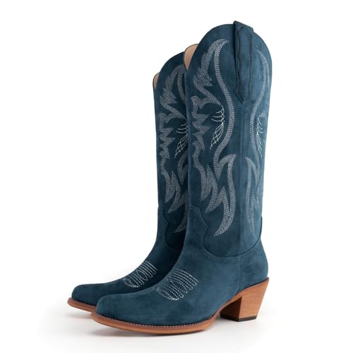 Image of KaroNairy Women Cowboy Boots Faux Suede Embroidered Pointed Thick Heeled Western Wide Calf Cowgirl Ponited Toe Mid Calf Boots