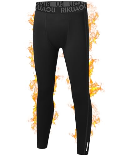 RIKUAOU Boys' Thermal Pants Fleece Lined Compression Leggings, Youth Football Base Layer, Kids Sports Tights Cold Weather Black