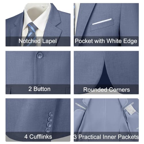 بدلة رسمية للرجال بقصة ضيقة مكونة من قطعتين من بليزر وسروال لحفلات الزفاف والعريس وحفلات التخرج وحفلات المدرسة الراقصة من لينرون لون أزرق دينيم،، مقاس ميديوم M