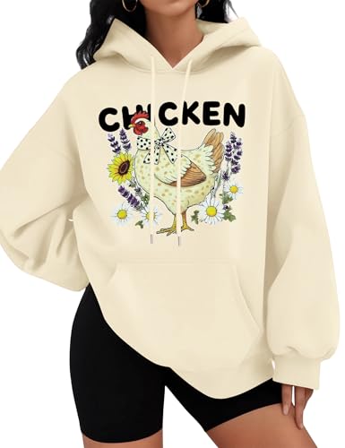 SFHFY Chicken Sweatshirt for Women: Chicken Mom Shirt Lightweight Animal Lover Hoodie Drawstring Country Farm Tops Apricot