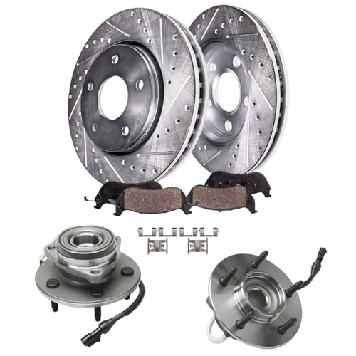 Image of Detroit Axle - Front Brake Kit Wheel Bearing Hubs for 4WD 1997-2000 | Ford F-150 Drilled & Slotted Brake Rotors and Ceramic Brake Pads 1998 1999 Replacement