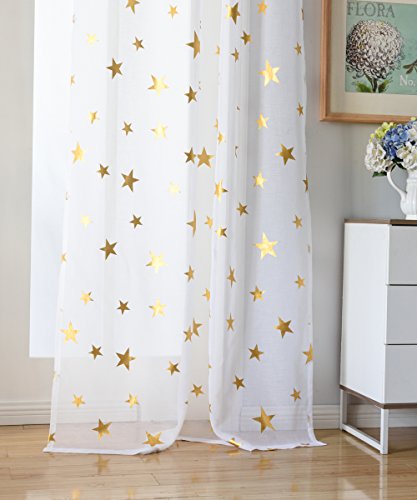 Kotile Nursery/Kid's Bedroom Sheer Door Curtain Panels With Gold Foil Print Star Patern, Thin And Soft Grommet White Voile Sheer Curtains For Girls Bedroom (2 Panels, 52 X63 Inches) #TOP3