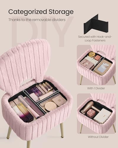 Image of SONGMICS Small Vanity Chair with Storage and Folding Back, Vanity Stool, Footrest Footstool Ottoman, Dressing Table Stool, Furry Padded Seat, for Makeup Room, Bedroom, Jelly Pink ULOM532SA01