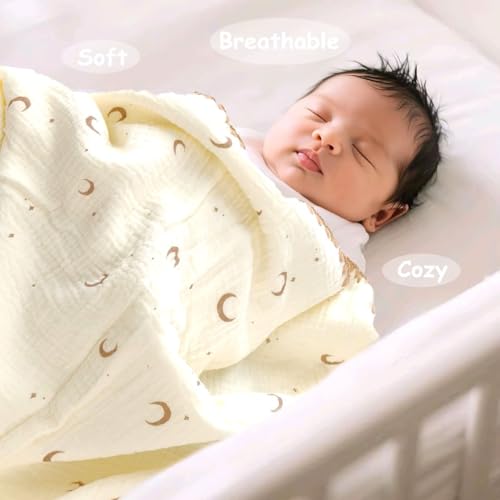 Image of Double Layered 100% Cotton Muslin Baby Blanket Ultra-Soft 40x40 Inch Swaddling Nursery Crib Blanket(Moon Stars)