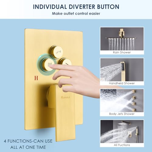 Image of Shower Body Sprays Systems with Push Button, 10 inch Rain Shower Head with 4PCS Body Jets and Handheld Shower Faucet Sets Complete, All Metal Shower Jets System,Rough-in Valve,Brushed Gold