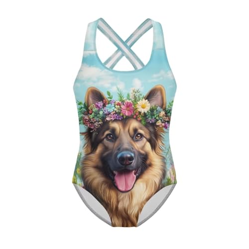 Image of Kids German Shepherd One Piece Swimsuit Girls Bathing Suit 9-10 Years Spring Floral Swimwear Little Girls Cross-Back Sleeveless Swimsuits Round Neck Quick Dry Bathing Suits Slim Leotard