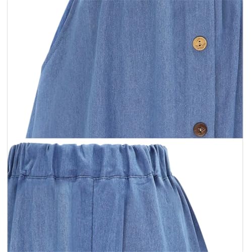 Women's High Waist Button Pleated Midi Skirt with Elastic Waist Knee Length Denim Skirt4