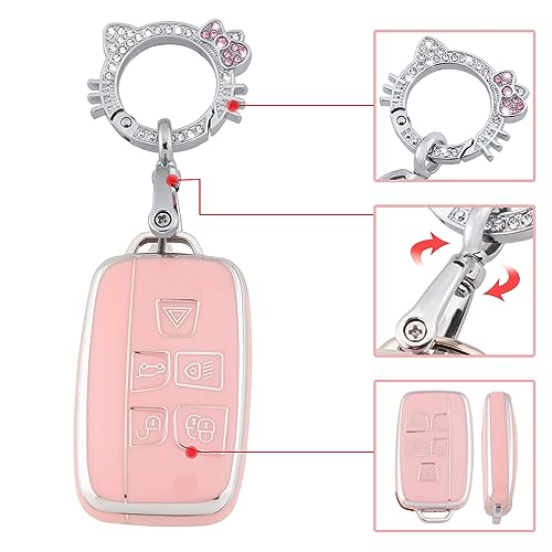 Image of Pangpai Pink Key Fob Cover for Land Rover Jaguar, Soft TPU Key Case Protection with Bling Keychain Fit for Evoque Velar Sport Discovery Freelander2 LR4 Sport Jaguar XF XJ XE F-PACE F-TYPE