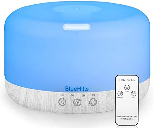 BlueHillsPremium 1000 ML XL Essential Oil Diffuser Aromatherapy Humidifier with Remote for Large Room Home Long Run Big Huge Coverage Area 1 Liter 1L Lights Extra Large Capacity White Wood Grain D003