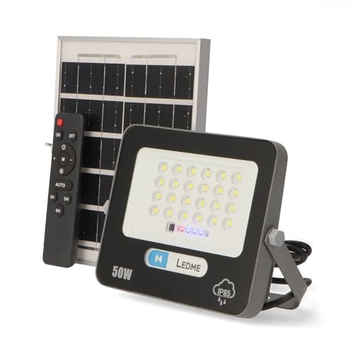 M Ledme - Foco Solar Led 50W con mando a distancia, 750 lumens, regulable intensidad de luz, IP65, Color Luz Fría (6000k), batería de gran capacidad 5000 mAh. Longitud del cable 2,10M