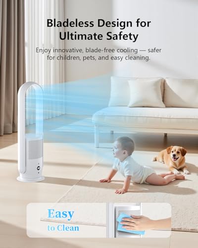 Image of U ULTTY Bladeless Fan with Air Purifier, Quiet Tower Fan with Remote, Touch, 9 Speeds, 8H Timer, HEPA Filter 99.97%, 90 Oscillation Fans, Floor Fans Powerful for Home Office Room, CR022D White