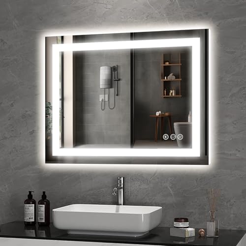 Image of 36x28 LED Bathroom Mirror, Frontlit & Backlit, Wall Vanity Mirror with Lights, 10%-100% Dimmable, 3 Colors, Anti-Fog, Smart Memory, Makeup Mirror with Touch Button