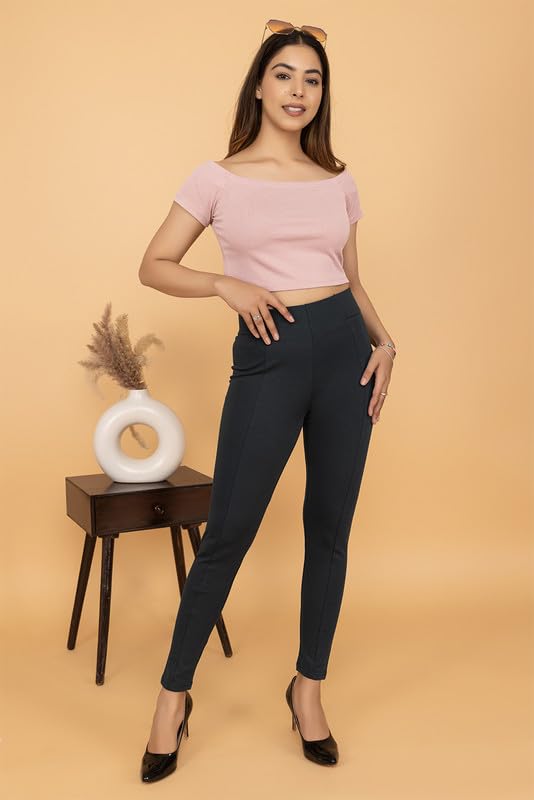 Image of Mlada Slim Fit Jeggings with Elastic Waist Band for Women Office Work Formal Wear Trousers Stretch Cotton Knit High Waist Skinny Fit Jeggings Lycra Pants Travel Comfort Jeggings