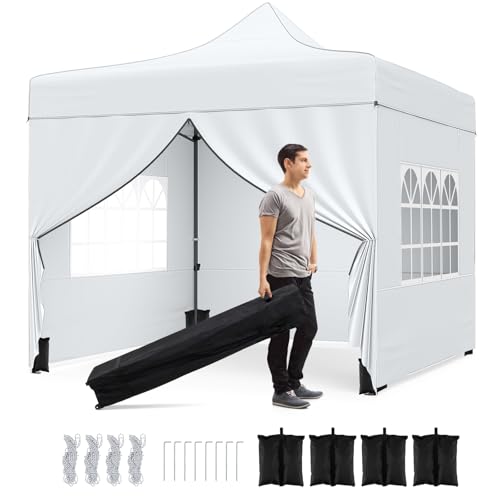 Image of Tangkula 10x10 FT Pop Up Canopy, Outdoor Tent with 4 Removable Sidewalls, Carbon Steel Frame, 4 Sandbags, 8 Stake & 4 Ropes, Wheeled Bag, Portable Canopy Tent for Party Event Camping (White)
