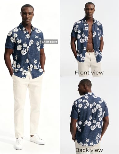 PJ PAUL JONES Mens Hawaiian Shirts Short Sleeve Button Down Shirt Casual Beach Vacation Tropical Shirt with Hibiscus Floral Print — view 2