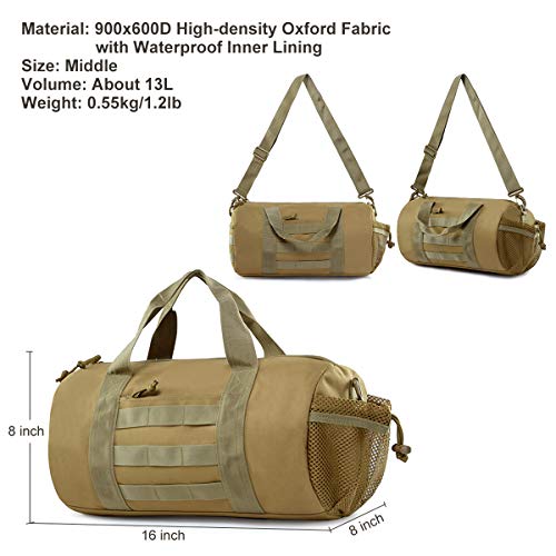 BraveHawk OUTDOORS Barrel Duffel Bag, 900D Tactical Waterproof MOLLE Sport Gym Luggage Shoulder Messenger Pack Gear Handbag Valise (Khaki)