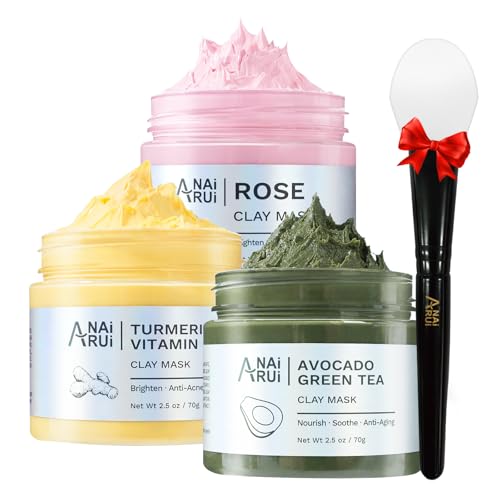 ANAI RUI 3 Pack Pore Purity Cleansing Clay Mask Set Absorbs Excess Oil,Turmeric Vitamin C Clay Mask -Rose Facial Mask -Avocado Green Tea Mud Mask,Facial Mask Skincare for Deep Cleansing 2.5