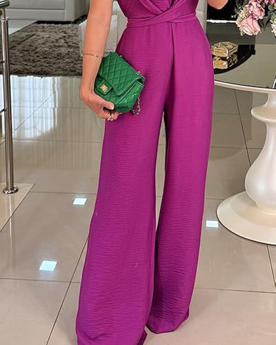CHICME Women's Sexy Halter Jumpsuits Sleeveless Casual Ruched Rompers Wide Leg Jumpsuit Beach Summer Vacation Outfits Purple-S