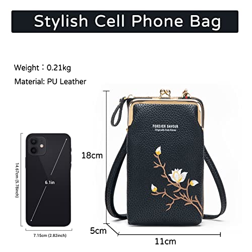 PORRASSO Fashion Phone Bag Crossbody Bag Women Purse Shoulder Bag with Card Slots Leather Mini Wallet Black3