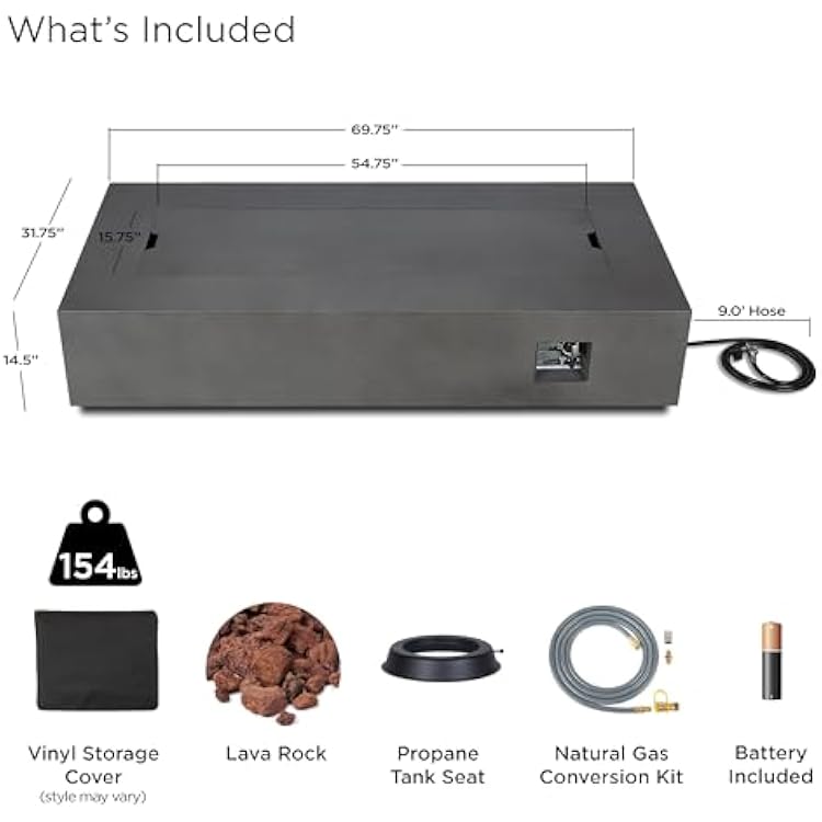 Real Flame Aegean 70in Rectangle Propane or Natural Gas Fire Pit Table, 65,000 BTU, Powder-Coated Steel, Push-Button Ignition, Lava Rock, Storage Cover, Stainless Steel Burner - Weathered Slate