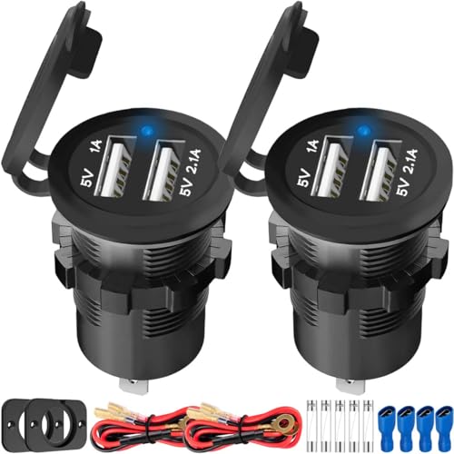 MKBKLLJY 2個 デュアルUSB急速充電器ソケット電源コンセント 1Aおよび2.1A DC 12V-24V 防水アルミニウムブルーLEDライト、取り付けプレート60cmケーブルヒューズ端子 付き 対応 車、ボート、マリン、RV、モバイル