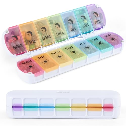 Mark Curve Foldable Weekly Pill Organiser 2 Times a Day with Large Capacity Premium Magnetic 7 Day AM PM Pill Box Double Protection Travel Tablet Organiser for Medication Vitamins and Fish Oils