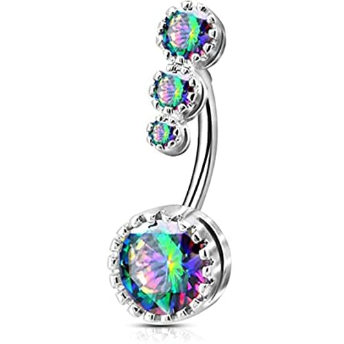 OUFER 316L Surgical Steel Belly Button Rings, Clear CZ Navel Rings, Belly Piercing Jewelry Silver Bar, Rainbow CZ