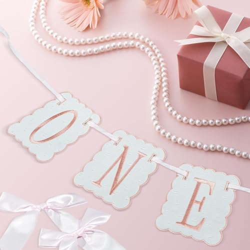 Image of Pink and White Bow ONE High Chair Banner for Girl First Birthday High Chair Banner Sweet One Pink Bow 1st Birthday Decorations
