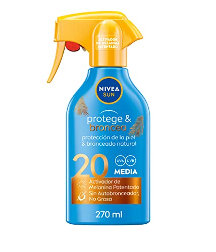 NIVEA SUN Protege & Broncea Spray Solar FP20 (1 x 270 ml), activador del bronceado, protección solar, crema bronceadora, protector solar hidratante, resistente al agua, pistola Cover