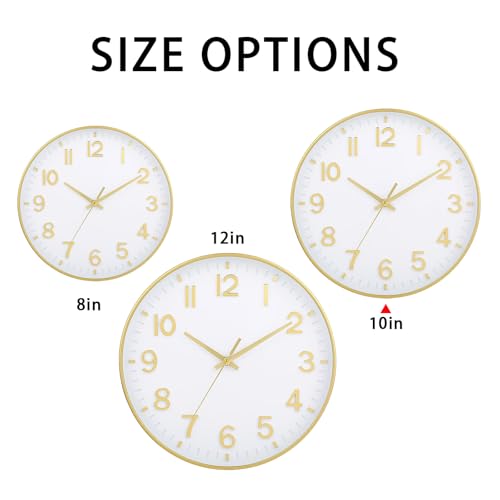 Image of HZDHCLH Wall Clocks Battery Operated,Wall Clock White Gold,10 inch Wall Clock Silent Non Ticking Modern 3D Numbers for Office Kitchen Classroom Bedroom Living Room Decor