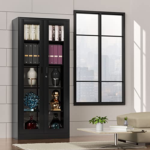 Lissimo Tall Bookcase Storage Cabinet With Tempered Glass Door,Metal Display Cabinet With 4 Adjustable Shelves,5-Tier Curio Cabinet For Home, Study, Living Room And Office (Black) #TOP2