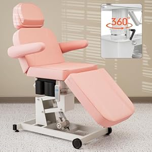 Paddie 360° Swivel Electric Height Adjustable Tattoo Spa Chair for Client, Professional Facial Esthetician Bed with Storage Pocket/2 Wheels, Headrest/Armrest Adjustable, Pink