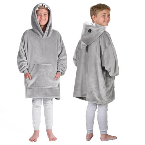 Image of OHS Shark Blanket Kids, Hoodie Cosy Soft Warm Fleece Snuggle Hoodies Kids Oversized Blanket Hoodie Winter Gifts for Boys Girls, Grey - One Size