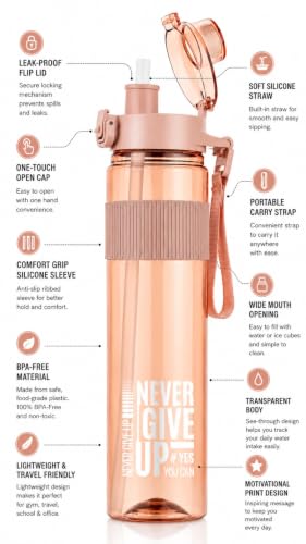 Image of Sports Water Bottle with Straw & Carry Strap | Leakproof BPA-Free Gym Bottle | Flip Lock Lid | MOTIVATIONAL NEVER GIVE UP BOTTLE | Office, School, Gym & Travel (Peach)