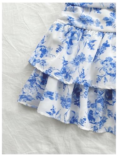 SHENHE Saia feminina com babados em camadas Y2k floral rodada Boho mini saia curta fofa, Azul e bran