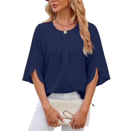 Atxnn Womens Tops 3/4 Sleeve Shirts Chiffon Crew Neck Blouses Pleated Front Tunic Top Loose Fit for Office Work, Navyblue Large