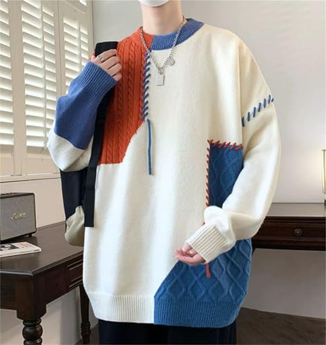 Mens Sweaters Patchwork Pullovers Streetwear Loose Casual Knit Jumper Pullover Casual Oversized Knitted Sweater, Medium4