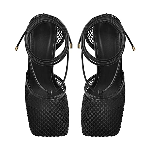 Richealnana Women's Mesh Pumps Sandals Female Square Toe High Heel Lace Up Cross-Tied Stiletto Hollow Sandals Birthday Party Strappy Heeled Sandals Black Us 9 #TOP2