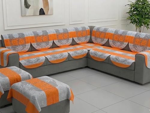 Image of Fab Nation Cotton L Shape Sofa Covers for 5 Seater Sofa Set | Sofa Slipcovers for 3 + 2 Seaters Cover with 2 Arms + 2 Setty Covers | Orange & White
