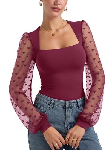 Image of PINKMSTYLE Women's Square Neck Double Lined Mesh Long Sleeve Bodysuits