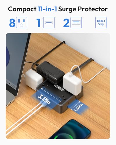 NTONPOWER Flat Extension Cord 25 FT in Black with 8 Widely Outlets 3 USB Ports (1 USB C), 1080J Long Surge Protector Power Strip, Wall Mountable, Flat Plug Desk Charging Station Dorm Room Essentials - Thumbnail 2