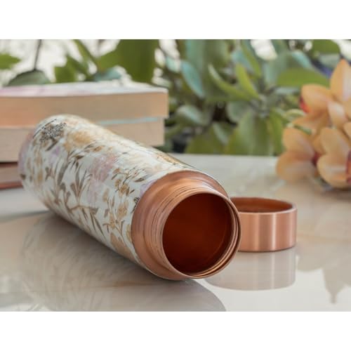 Image of Indian Art Villa Copper Gold Flower Print Bottle - 800 ML, Pure Copper Ayurvedic Water Bottle with Leak-Proof Lid, Ideal for Office, Yoga, Travel, and Gifting