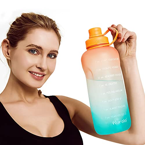 Half Gallon/64 oz Motivational Water Bottle with Time Marker Reminder ï¼† Straw, Leak-proof No BPA Hydration Sports Daily Water Bottle Jug for Fitness Gym Outdoor Sports Activity (Orange Green Gradient)