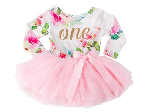 Grace and Lucille - Birthday Dress Baby Girl | Pink Floral Tutu Tulle Dress | Long Sleeve Gold Sequin Heart Dress | 6-12 Months | 1T | Pink Floral